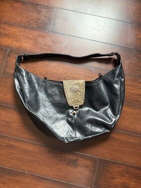 Black Leather Hobo Bag with Leopard Accent new